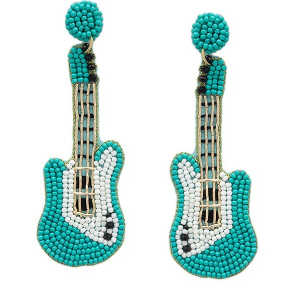 Turquoise Blue Seed Beaded Rocker Chic Guitar Statement Earrings NEW - Picture 4 of 4